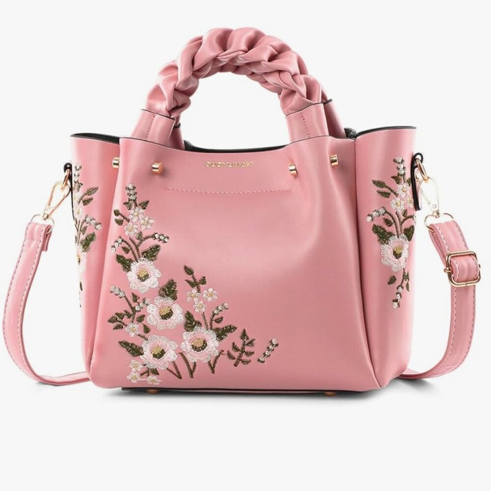 ELEGANT DELICATE EMBROIDERED FLOWER HAND| SHOULDER BAG -DETACHABLE STRAP IN PINK